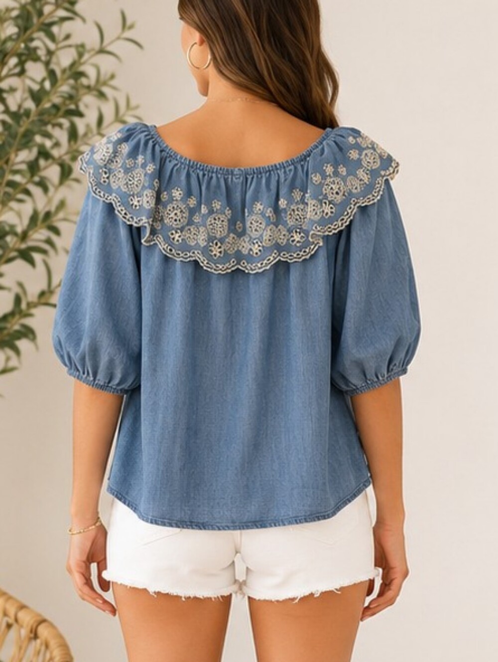 Time and Tru Embroidered Off-Shoulder Chambray Peasant Top – Size Small NWT - Picture 3 of 11